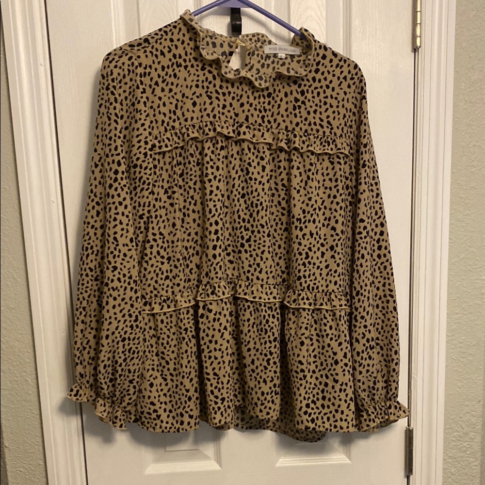 Tan and Black Ruffled Tiered Long Sleeve Blouse